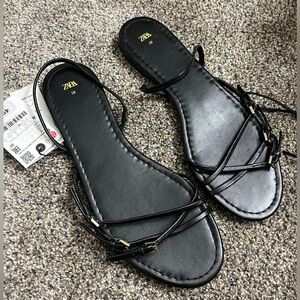 NWT Zara strappy flat sandals gold buckles size 7.5